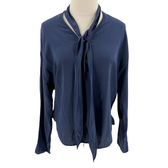 Sandro Womens Navy Blue Tie Neck 100% Silk Blouse Top Long Sleeve Shirt XS - Picture 11 of 11